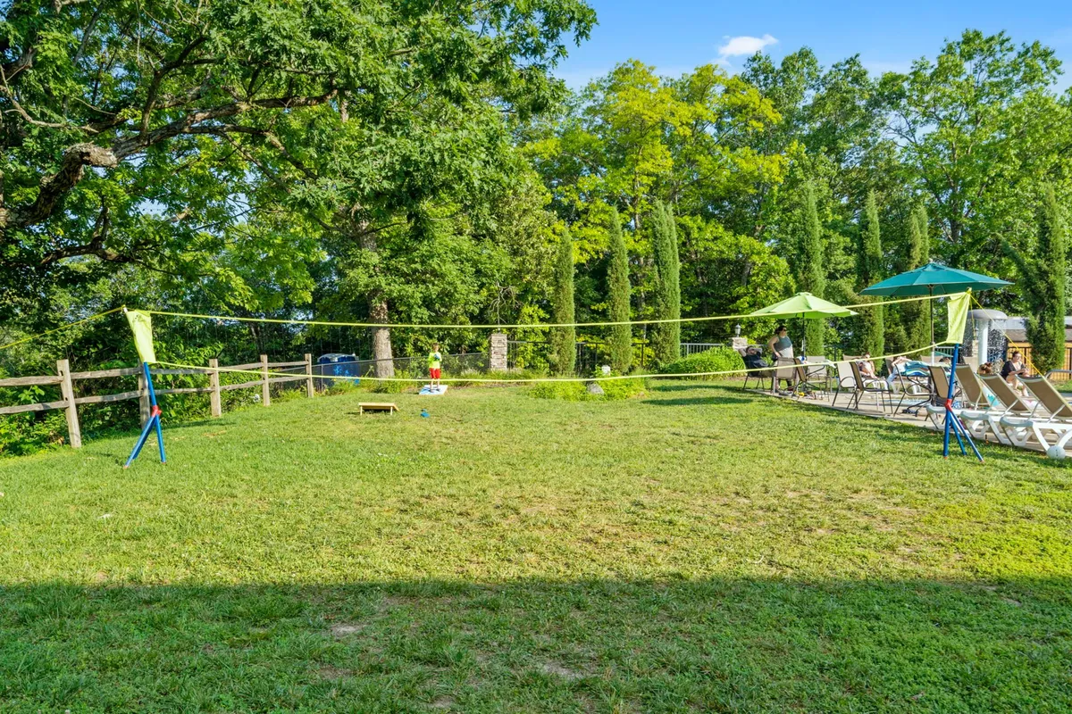 An exterior scene featuring a volleyball net set up on a green lawn, surrounded by lounge chairs, trees, and large umbrellas. The area is designed for active fun, sunbathing, and casual relaxation in a resort-like setting.
